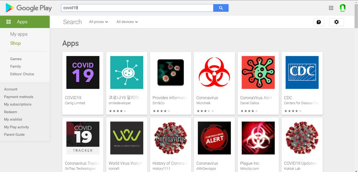 covid19 search result play store