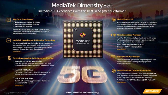 Full specifications of MediaTek Dimensity 820 chipset