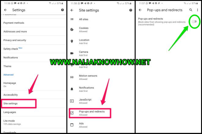 block pop-ups and redirect on google chrome mobile